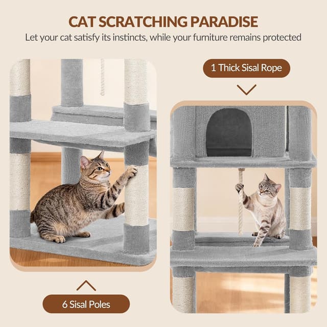 Detalle 2 de Fobyfurny Albero tiragraffi per gatti 175 cm con tiragraffi, amaca, cestini e 2 comodi condomìni (grigio chiaro) FPMS006FG1