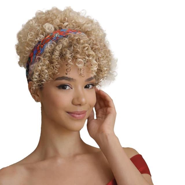 Thumbnail 6 de Builson Drawstring Ponytail for Black Women (Afro Puff Kinky Curly) with Bangs, Natural Black/Blond (T27)