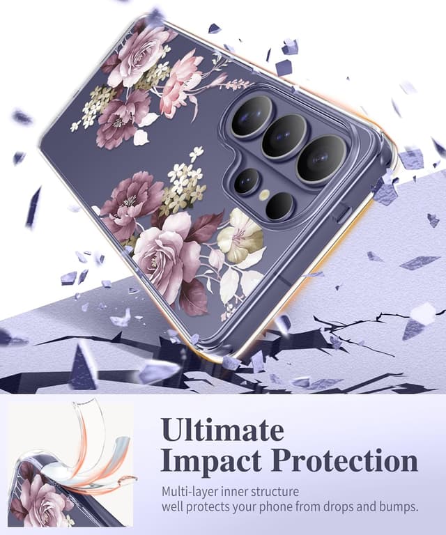 Detalle de GVIEWIN Clear Floral Slim Shockproof Case for Samsung Galaxy S26 Ultra (6.9") — Includes Screen & Camera Lens Protectors