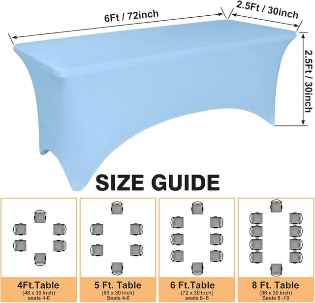 Detalle de 2 Pack 6-Foot Light Blue Spandex Tablecloth (Rectangular Tables) — Fitted Stretch, Wrinkle-Resistant, Washable