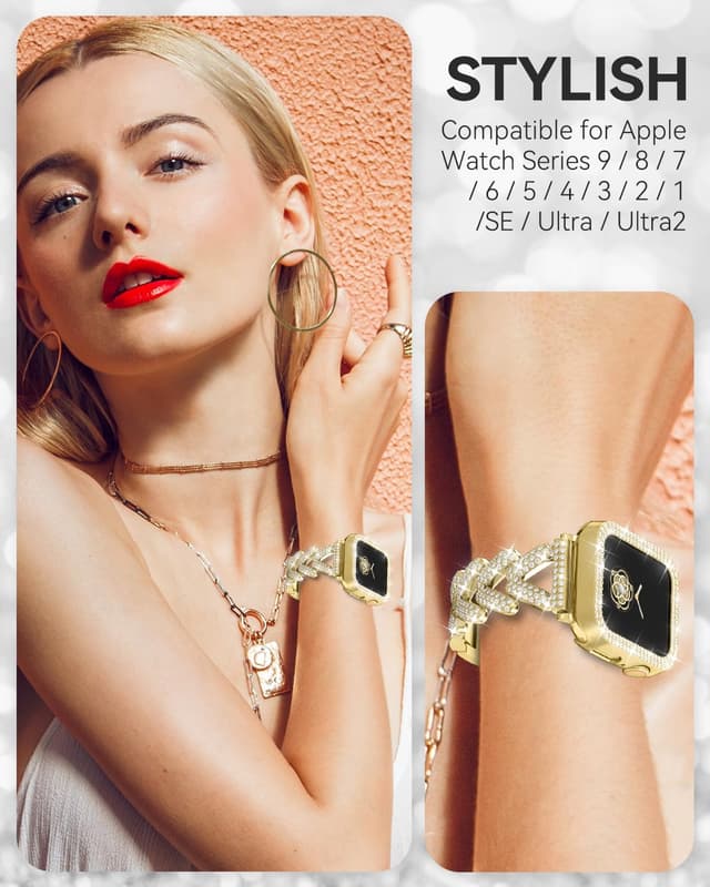 Detalle 2 de Bling Gold Rhinestones Encrusted Metal Bracelet & Case for Apple Watch Bands (38–49mm)