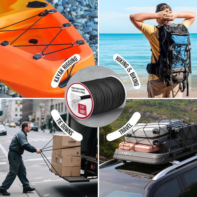 Thumbnail 6 de Marine Grade Heavy Duty Bungee Cord Roll with 12 Hooks (1/4 in x 100 ft) – Black Shock Cord Kit for Kayak Deck & Outdoor Tie Downs