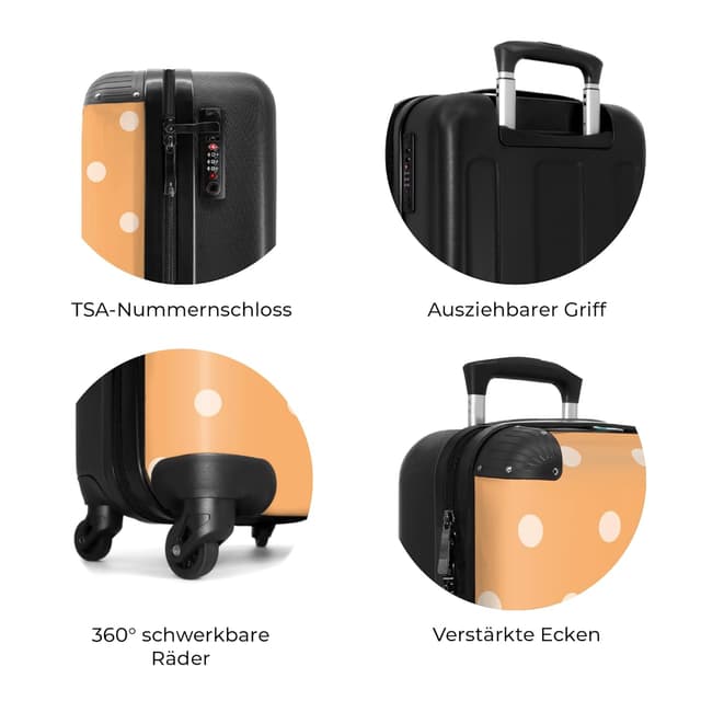 Detalle 2 de NoBoringSuitcases.com Handgepäck-Koffer Trolley 55×35×20 cm mit 4 Rollen – Hartschale mit Zahlenschloss (Punkte, Orange/Weiß)