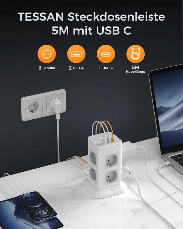Detalle 2 de TESSAN 8-fach Mehrfachsteckdose mit USB C 3600W