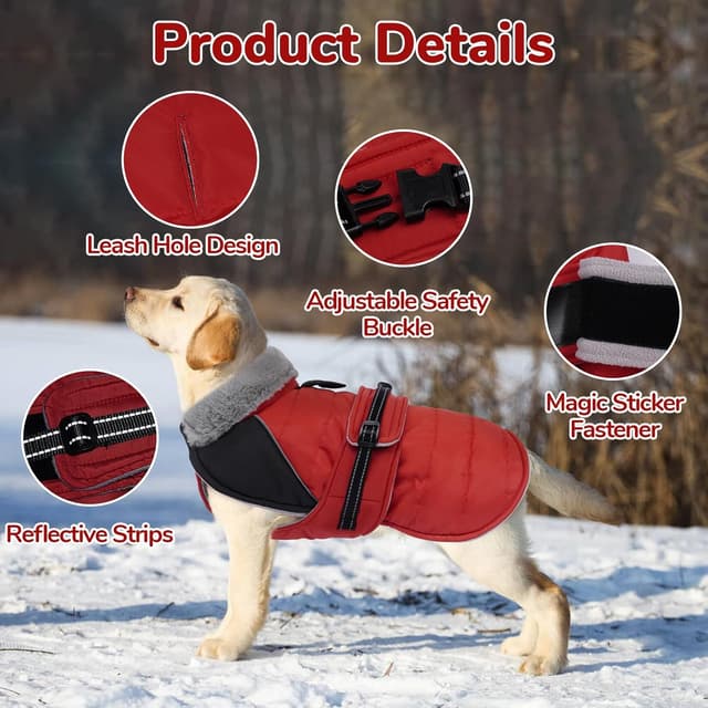Detalle de LeLePet Lelepet Dog Winter Coat (Waterproof, Fleece Lined, Reflective Strips) – Red, XL