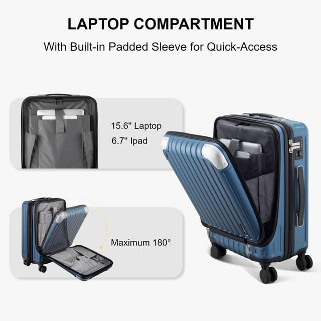 Detalle de LEVEL8 Cabin Suitcase 20-Inch Carry on Luggage (ABS+PC Hardshell) with Laptop Compartment, TSA, 4-Wheel Spinner Trolley – Blue