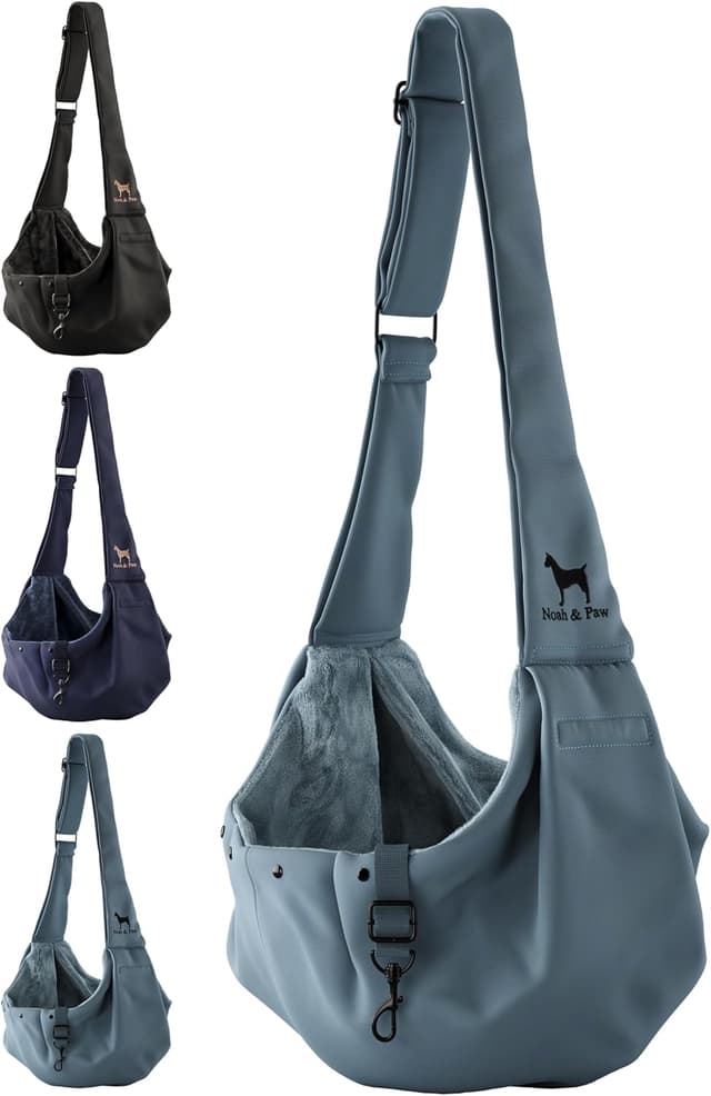 Detalle de Noah & Paw dog sling carrier (3–10lb) with adjustable padded strap, lined twill and double safety