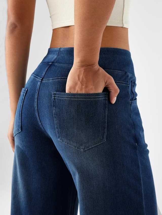 Detalle de LaiEr Large denim wide leg pants for women – high waisted slimming jeans with pockets and marble wash