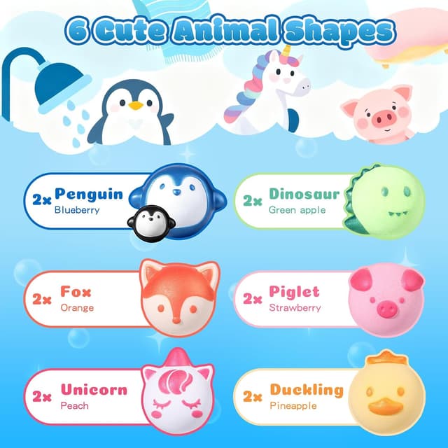 Detalle 2 de Aofmee Kids Bath Bombs (12 pcs) with Animal Shapes & Natural Fruit Scents