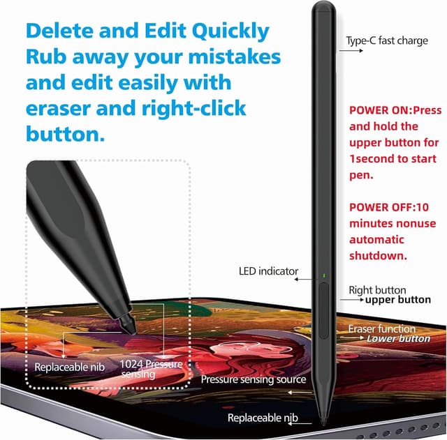 Detalle de Milikilo F97 Stylus Pen for Microsoft Surface Pro, Surface Go, Surface Laptop (with eraser & right-click, 1024 pressure)