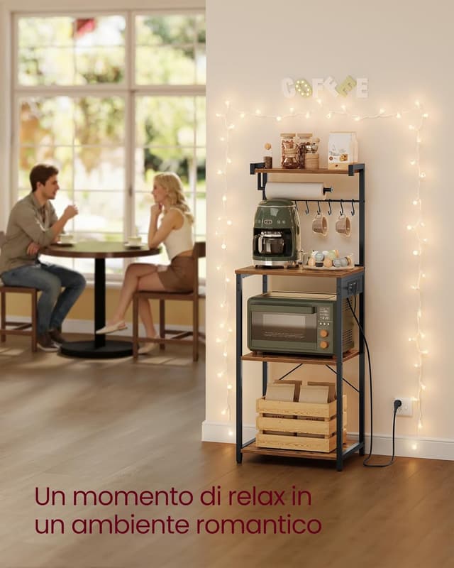 Detalle de VASAGLE KKS013KD02 Scaffale da cucina con multipresa, 4 ripiani e 8 ganci a S (40 x 45 x 140 cm)