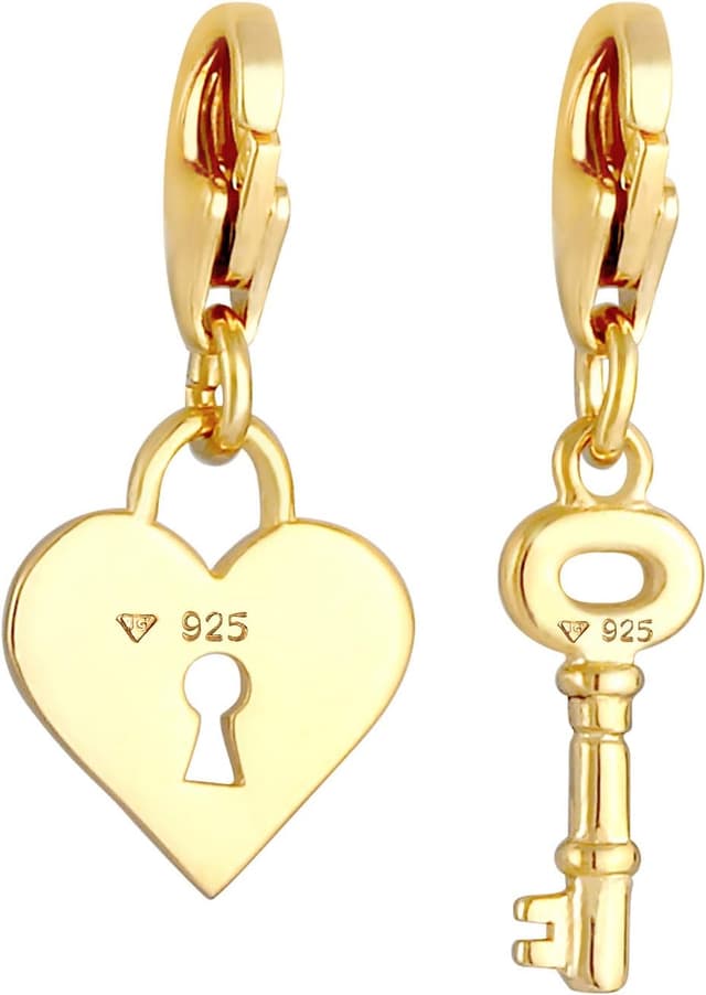 Detalle de Nenalina Schlüssel & Schloss Charm Anhänger aus 925 Sterling Silber vergoldet für Damen (Herz-Schloss, mit Karabiner)