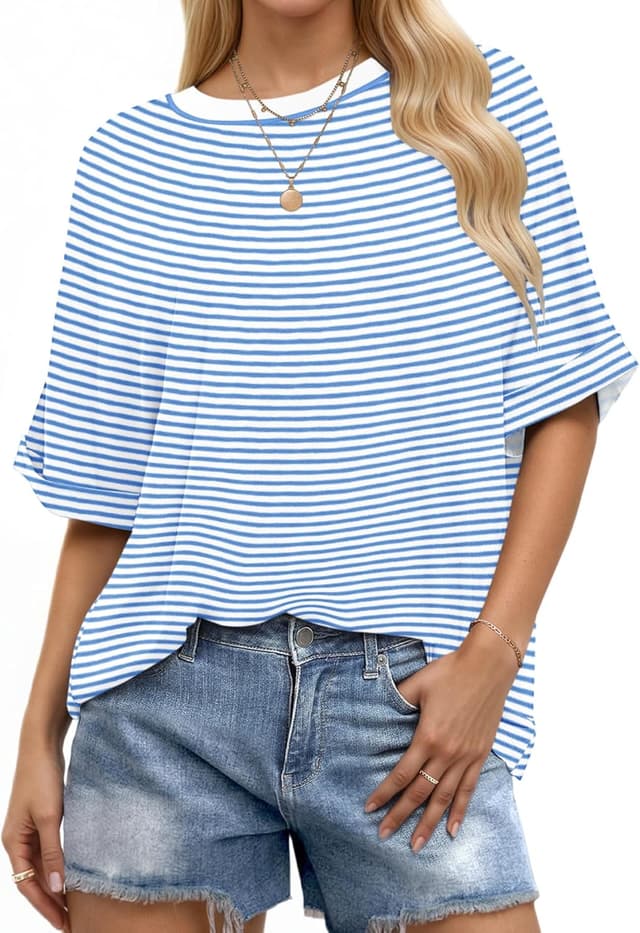 Detalle de WNEEDU Oversize Shirt Damen Kurzarm mit Rundhalsausschnitt und gekrempelten Ärmeln