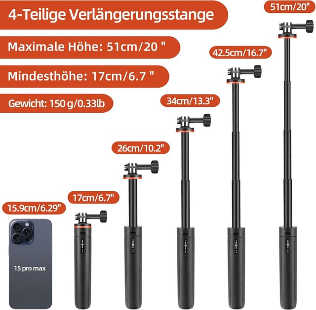 Thumbnail 3 de 51cm Selfie Stick Stativ für GoPro Hero 14/13/12/11/Max
