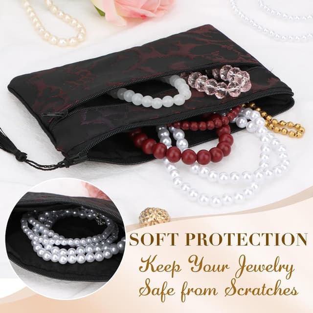 Detalle de kilofly Chinese Silk Brocade jewellery pouch bag set of 2 with two zip compartments