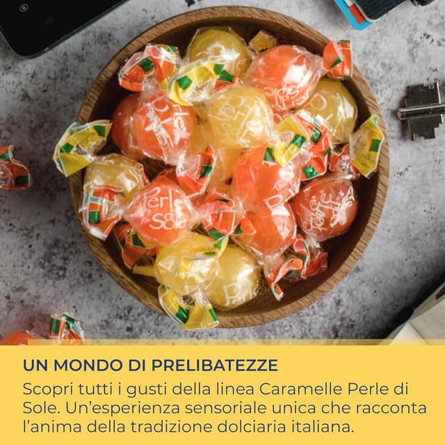 Detalle de Perle di Sole Caramelle dure al Limone Costa d’Amalfi I.G.P. con olio essenziale di limone, 200 g