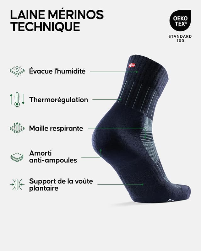 Detalle de DANISH ENDURANCE Chaussettes de cyclisme en laine mérinos thermiques (lot de 2) pour homme et femme