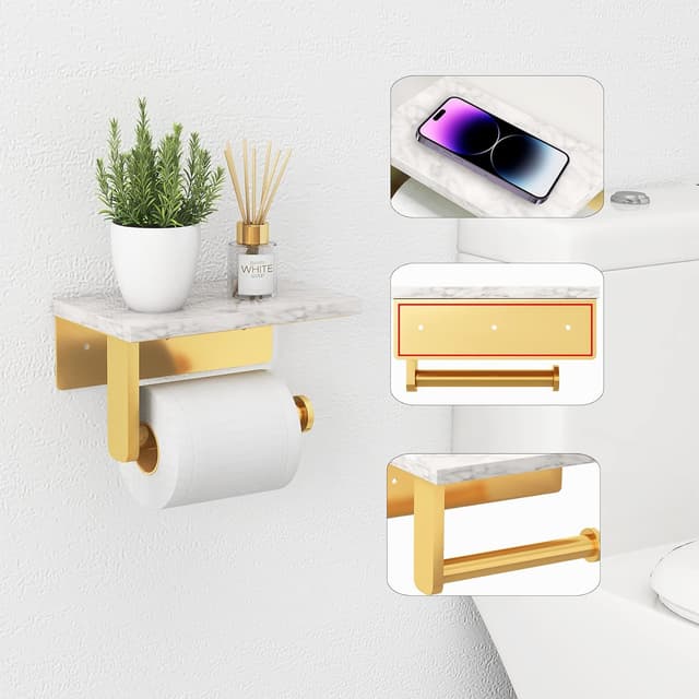 Detalle de Gypie wall-mounted toilet roll holder with marble shelf (304 stainless steel) in matt gold