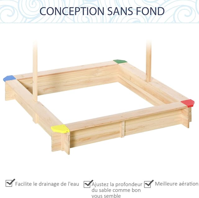 Detalle de Outsunny Bac à sable en bois carré avec couvercle et toit réglable 1,2 m (1,2L x 1,2l x 1,2H)
