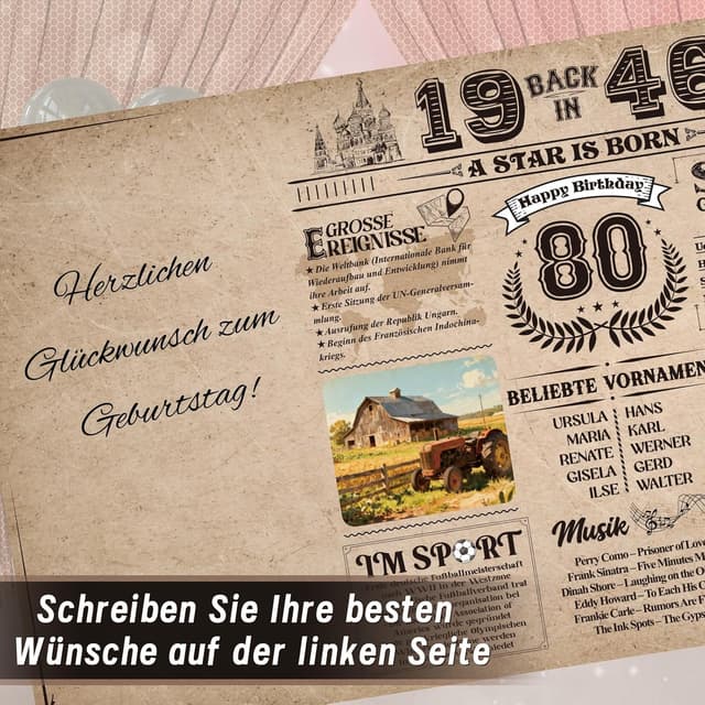 Detalle de Thboxes Geburtstagskarte zum 80. Geburtstag „Back in 1946“ – Retro-Grußkarte mit Platz zum Personalisieren