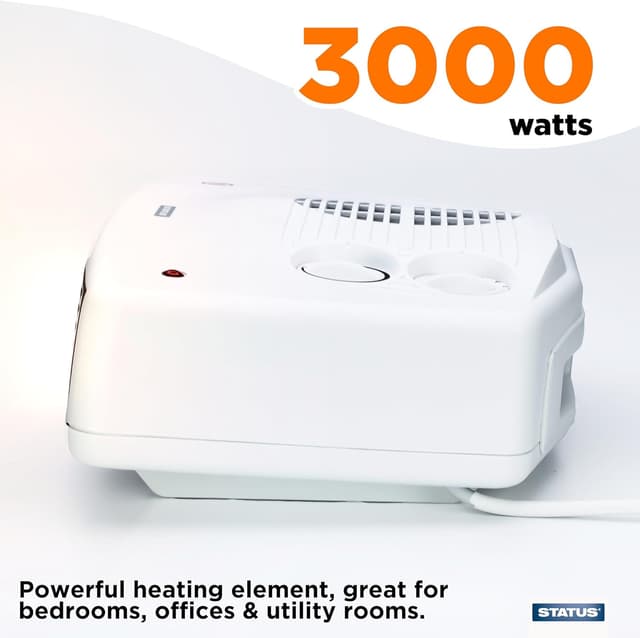 Detalle de STATUS Flat Fan Heater 3000W (3 kW) Portable Indoor Radiator, White, 2 Heat Settings & Thermostat Control