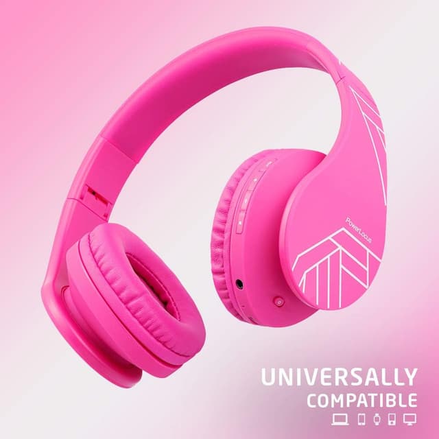 Detalle de PowerLocus P2 Kids Wireless Headphones (Over-Ear) with 85dB Volume Limit, Mic, Foldable Case & Micro SD Support – Pink