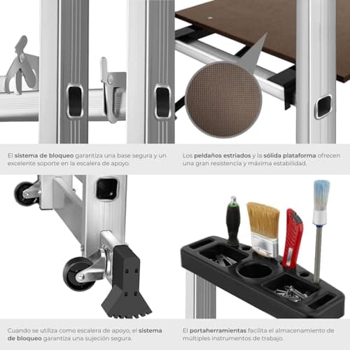 Detalle 2 de tectake® escalera plegable de aluminio 4 en 1 telescópica, tijera y andamio con ruedas (hasta 150 kg)