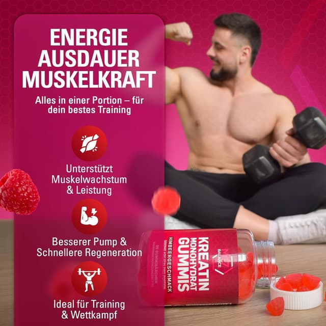 Detalle de Creatin Monohydrat Gummibärchen mit 5.000 mg pro Portion – zuckerfreie Kreatin-Gummis vegan & glutenfrei (30 Portionen, Himbeere)