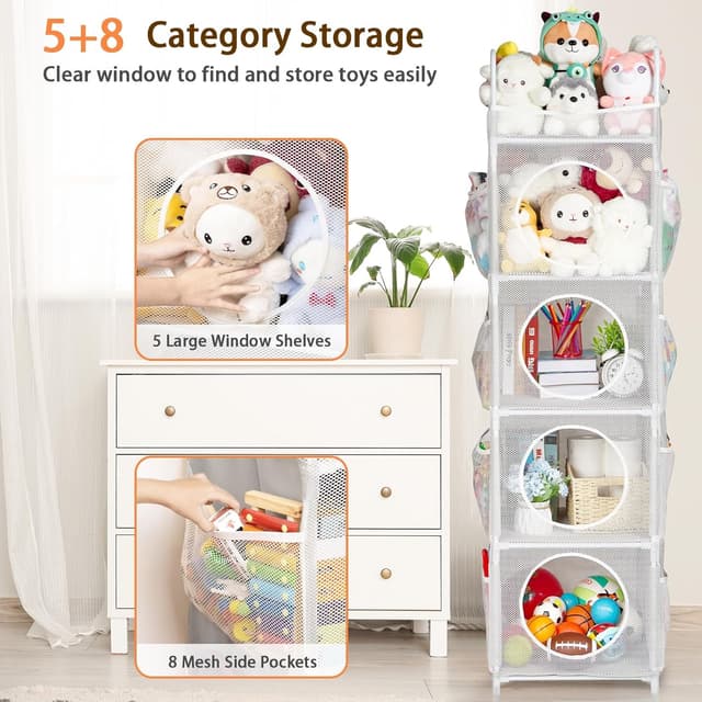 Detalle 2 de AXHOP 5-Tier Teddy & Toy Storage Unit (42 x 42 x 162cm) with 8 Side Mesh Pockets – Grey