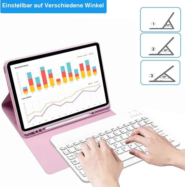 Detalle 2 de COEZFE Hülle mit Tastatur für Samsung Galaxy Tab S6 Lite 10,4 Zoll (2024/2022/2020) in Rosa – mit Pencil-Halter und Bluetooth-QWERTZ