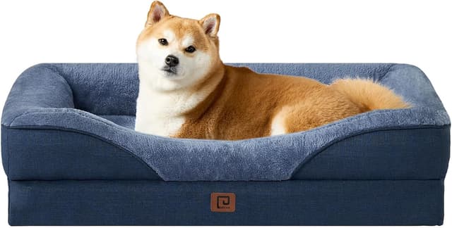 Detalle de EHEYCIGA Memory Foam Dog Bed (Large) with Sides & Waterproof Liner, Navy Blue, 91x68x17cm