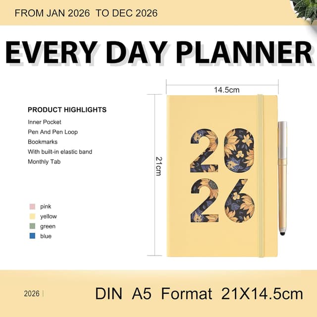 Detalle de 2026 A5 Day-per-Page Diary (Jan–Dec 2026) with Pen Loop, Monthly Tabs and Inner Pocket