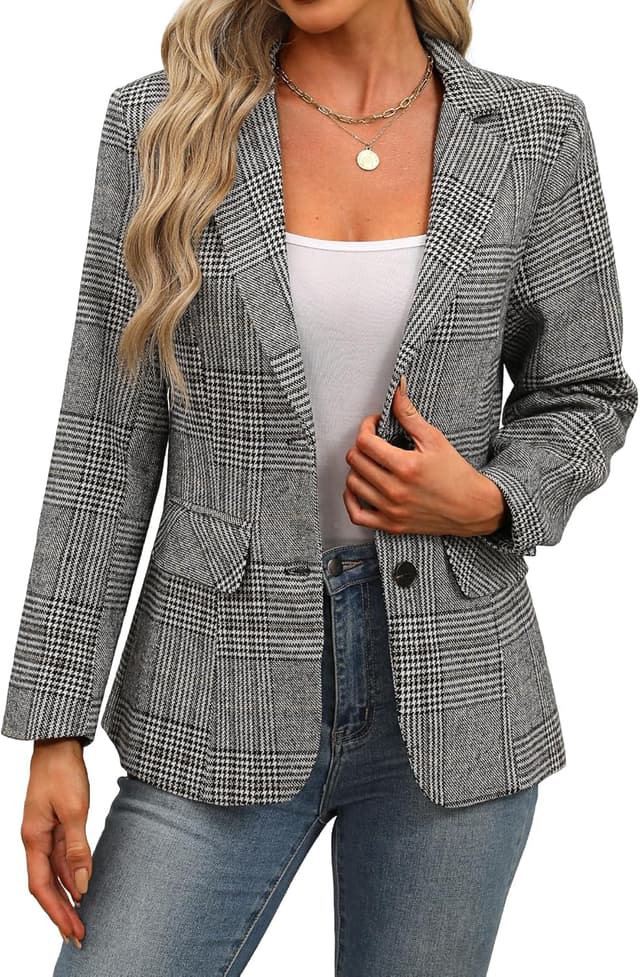 Detalle de ELLEVEN Women's Plaid Lapel Blazer with 2 Buttons