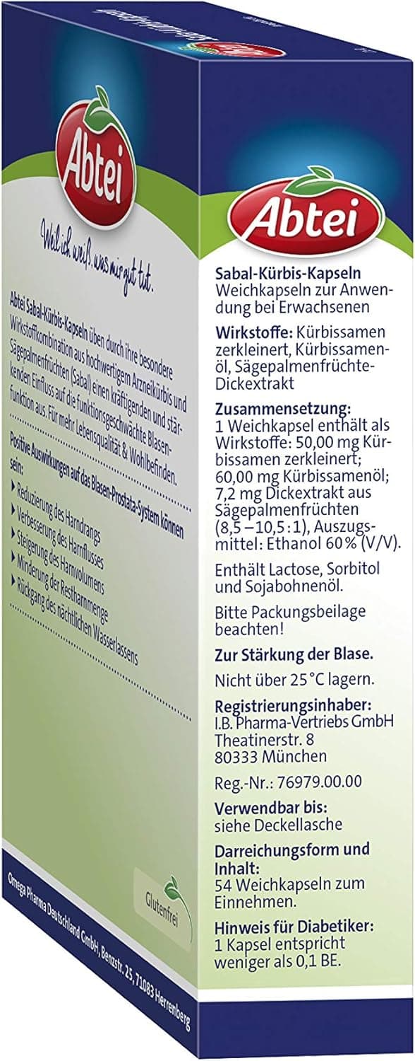 Detalle de Abtei Sabal-Kürbis-Kapseln – Kräuter-Kombination für Blasen- und Prostata-Bereich (1 x 54 Weichkapseln)