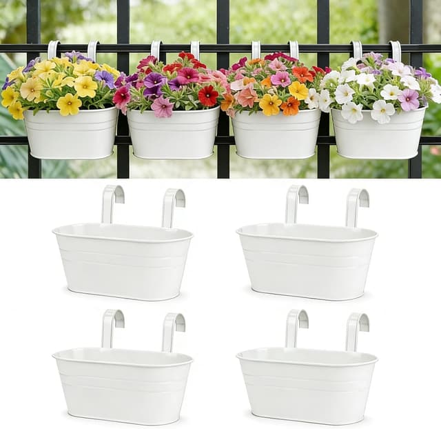 Detalle de RIOGOO set da 4 vasi da fiori in ferro con gancio staccabile (bianco)