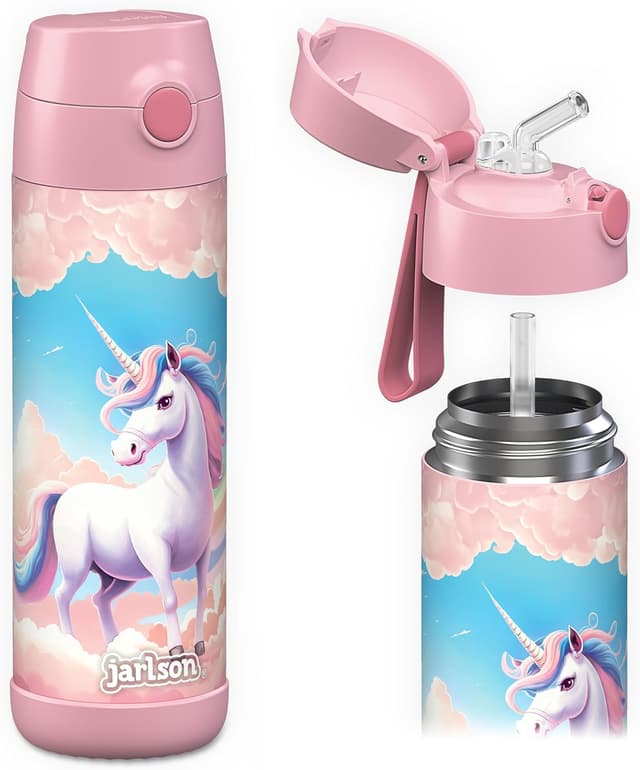 Detalle de Jarlson® Kinder-Trinkflasche Charli aus Edelstahl (500 ml) mit Strohhalm – auslaufsicher, BPA-frei