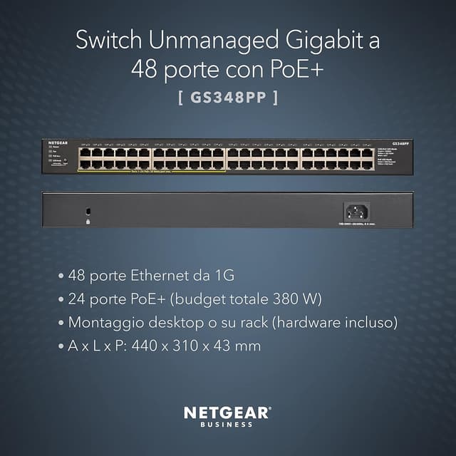 Detalle de NETGEAR Switch PoE Unmanaged GS348PP da 48 porte Gigabit con 24 PoE+ e budget 380W