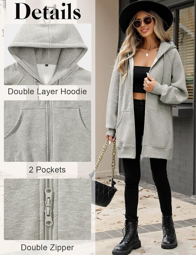 Detalle de Vancavoo Damen Sweatjacke mit Kapuze, langer Reißverschluss-Hoodie für Frühling & Herbst