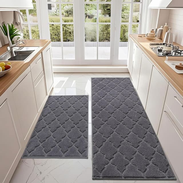 Detalle de COSY HOMEER Küchenteppich-Set (2 Stück) waschbar & rutschfest, Dunkelgrau – 60 x 90 cm + 60 x 150 cm