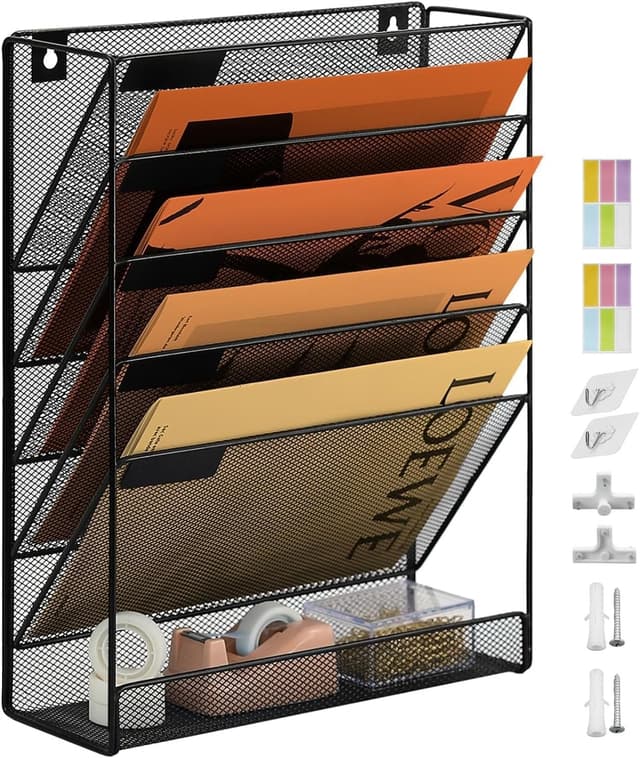 Detalle de 6-Tier Hanging Wall File Holder (A4 Mesh Wall Pocket) – Black metal organiser