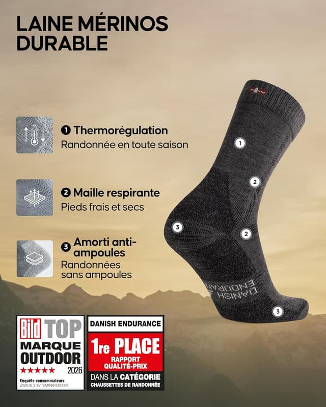 Detalle 2 de Danish Endurance Chaussettes de randonnée en laine mérinos (lot de 3) — chaudes, rembourrées et anti-ampoules, unisex