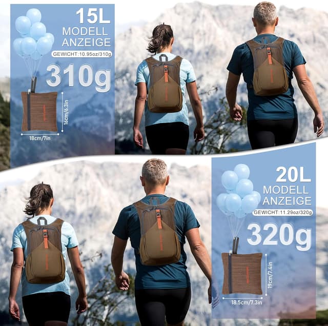 Detalle de BECOJADDE 18L Hiking Backpack – Foldable lightweight mini rucksack in chocolate brown