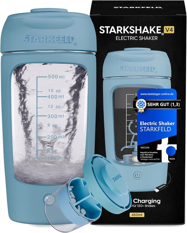 Detalle de STARKSHAKE® V4 – elektrischer Protein-Shaker mit USB‑C, 8.000 UPM und STARKPOD (blau)