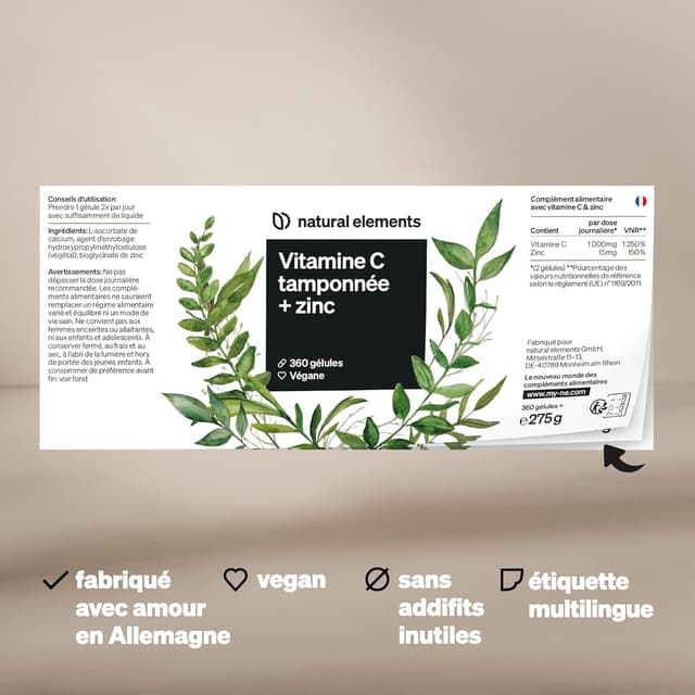 Detalle de Natural Elements Vitamine C 360 gélules (1000 mg) + 15 mg zinc, dose élevée et formule tamponnée