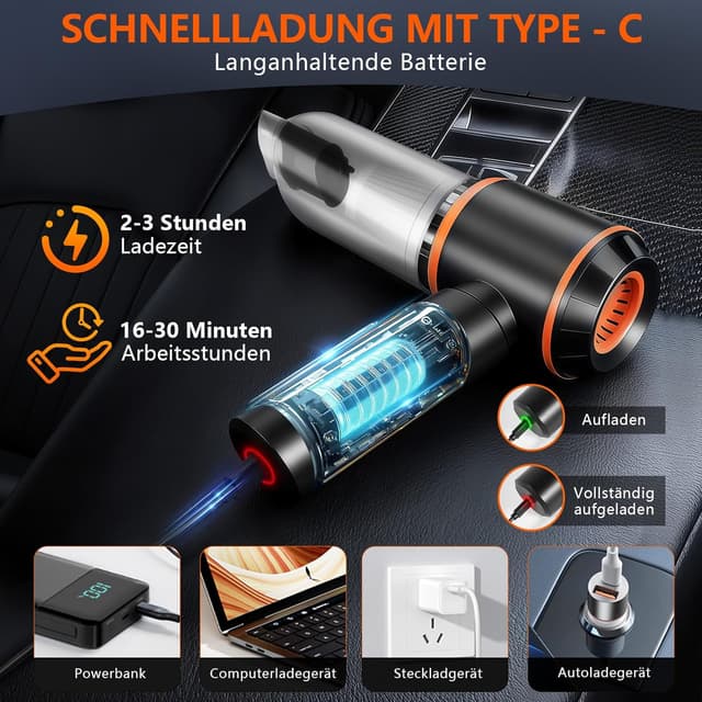 Detalle 2 de Akkus Handstaubsauger 25.000 Pa (4-in-1) – kabellos, 3-Gang, bürstenloser Motor für Auto, Küche & Tierhaare