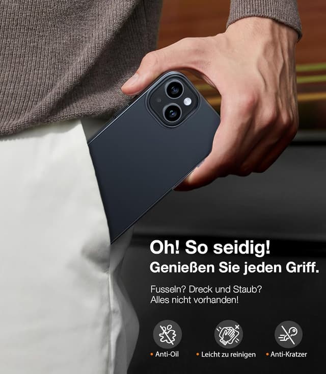 Detalle 2 de Torras 2025 Neu ultradünne Hülle für iPhone 15 (0,07 cm) – schwarzer Rundumschutz mit samtigem Griff