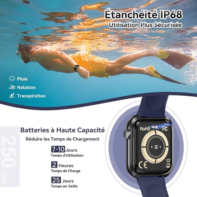 Thumbnail 6 de RLQA Montre connectée Homme/Femme 1,83" Bluetooth 5,3 avec appel, capteurs santé et 123 modes sport