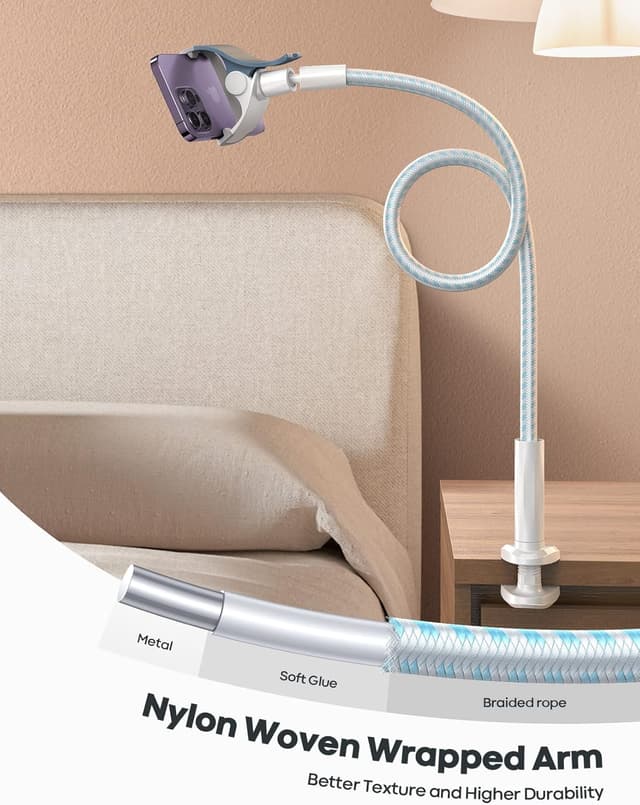 Detalle 2 de Lamicall Gooseneck Phone Holder Bed with Nylon Braided Flexible Arm (38 inch) — Blue White