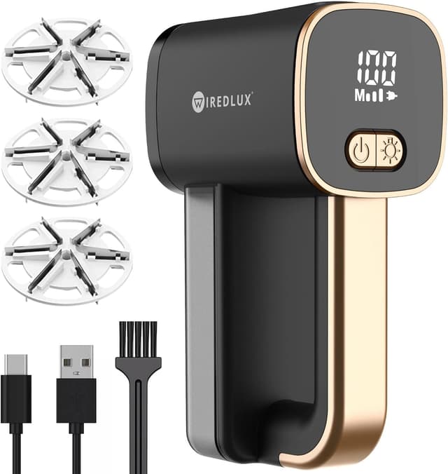 Detalle de WiredLux elektrischer Fusselrasierer – wiederaufladbarer Flusenentferner für Kleidung & Möbel mit LED-Licht (Onyx/Gold)