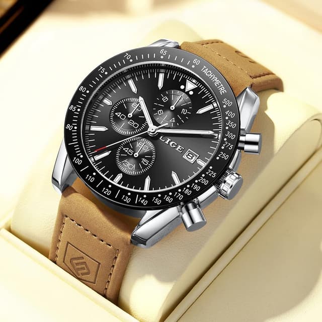 Detalle de LIGE Montre Homme chronographe analogique Quartz bracelet cuir souple 45 mm